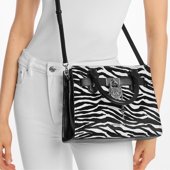 Michael Kors Hamilton Small Zebra Print Calf Hair Satchel Bag Black Multi - Picture 3 of 9